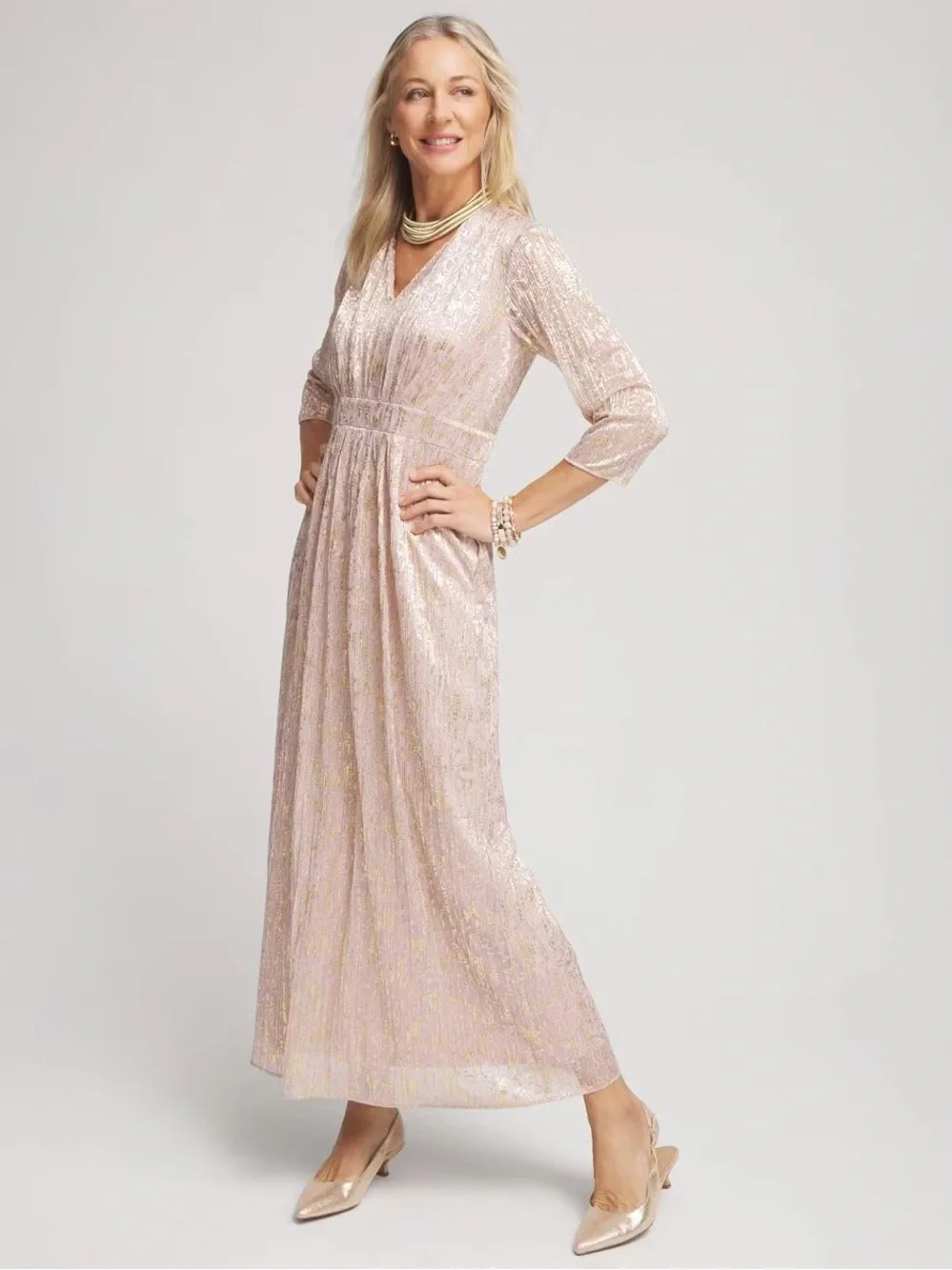 Chico’s Metallic Pleated Maxi Dress